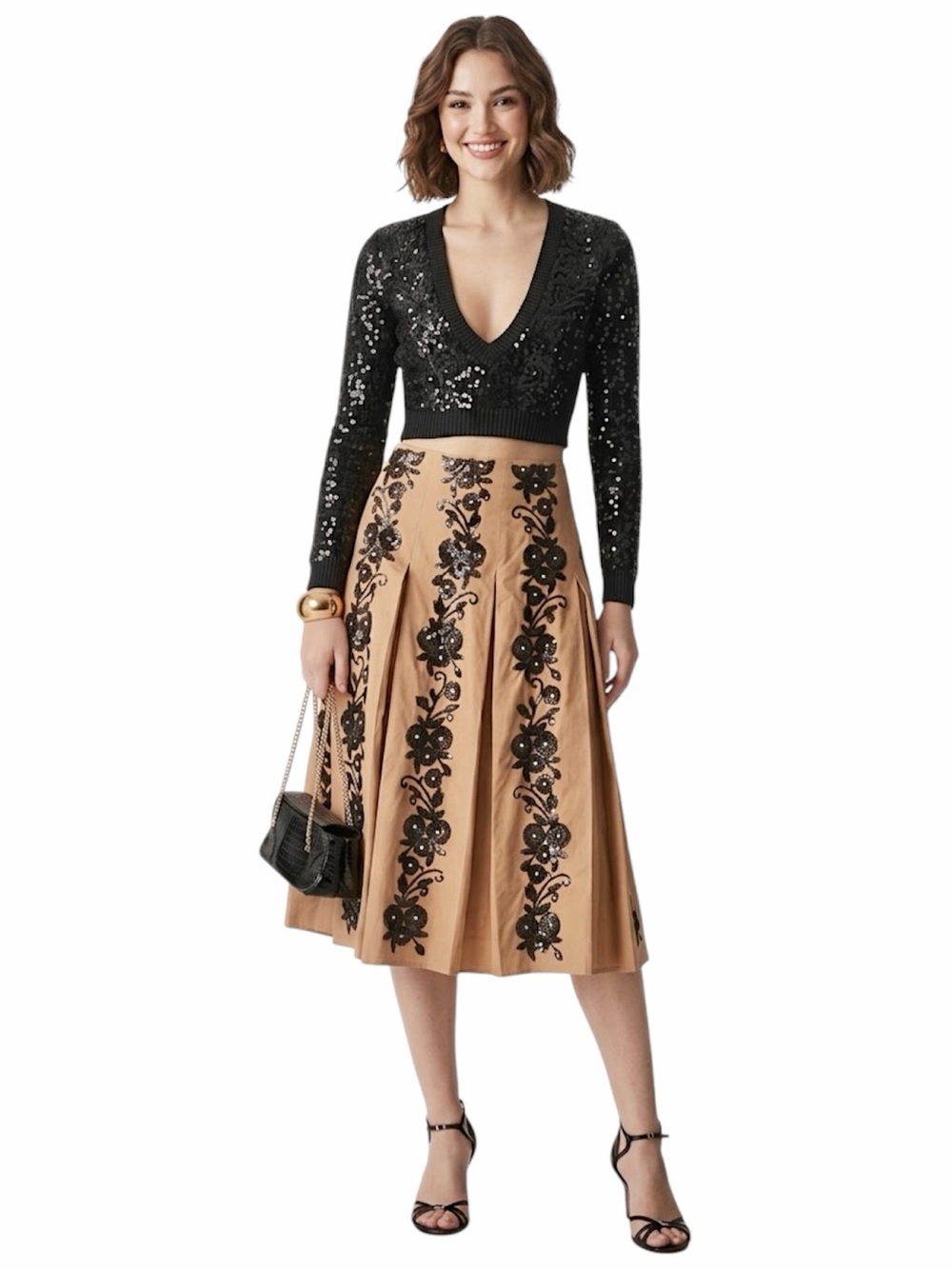 J.Crew Collection Sequin Floral Applique pleated Midi Skirt Size 8 NWT